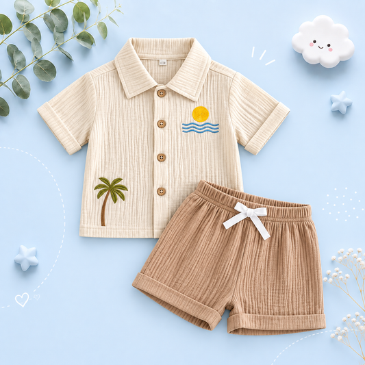 The Zaiden - Baby Boy Summer Outfit – Short Sleeve Tree Print Shirt & Elastic Waist Shorts 2‑Piece Set