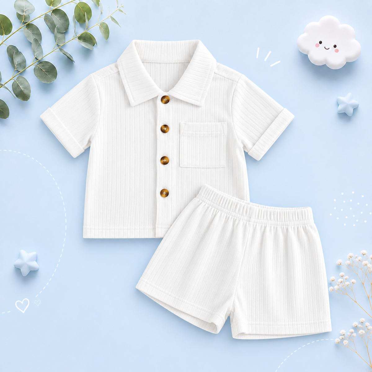 The Roland - Toddler Baby Boy Summer Outfit – 2‑Piece Solid Short Sleeve Turn‑Down Collar Top & Casual Elastic Shorts Set
