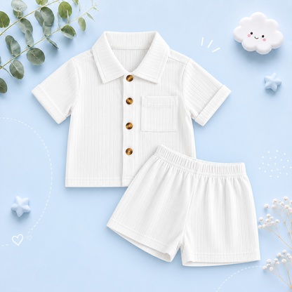 The Roland - Toddler Baby Boy Summer Outfit – 2‑Piece Solid Short Sleeve Turn‑Down Collar Top & Casual Elastic Shorts Set