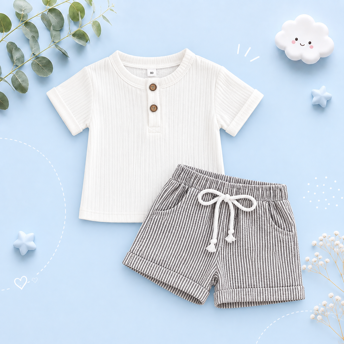 The Gunnar – Baby Summer Clothes Set – Solid White Short Sleeve T‑Shirt + Stripe Drawstring Shorts (0‑36M)