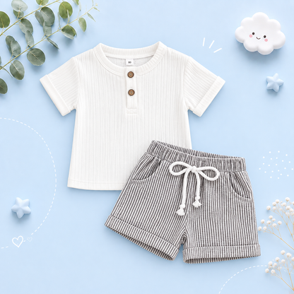 The Gunnar – Baby Summer Clothes Set – Solid White Short Sleeve T‑Shirt + Stripe Drawstring Shorts (0‑36M)