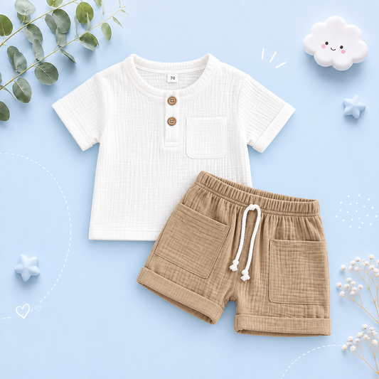 The Nikolai - Toddler Baby Boy Summer Outfit – 2‑Piece Solid Color Short Sleeve T‑Shirt with Chest Pocket & Elastic Shorts Set