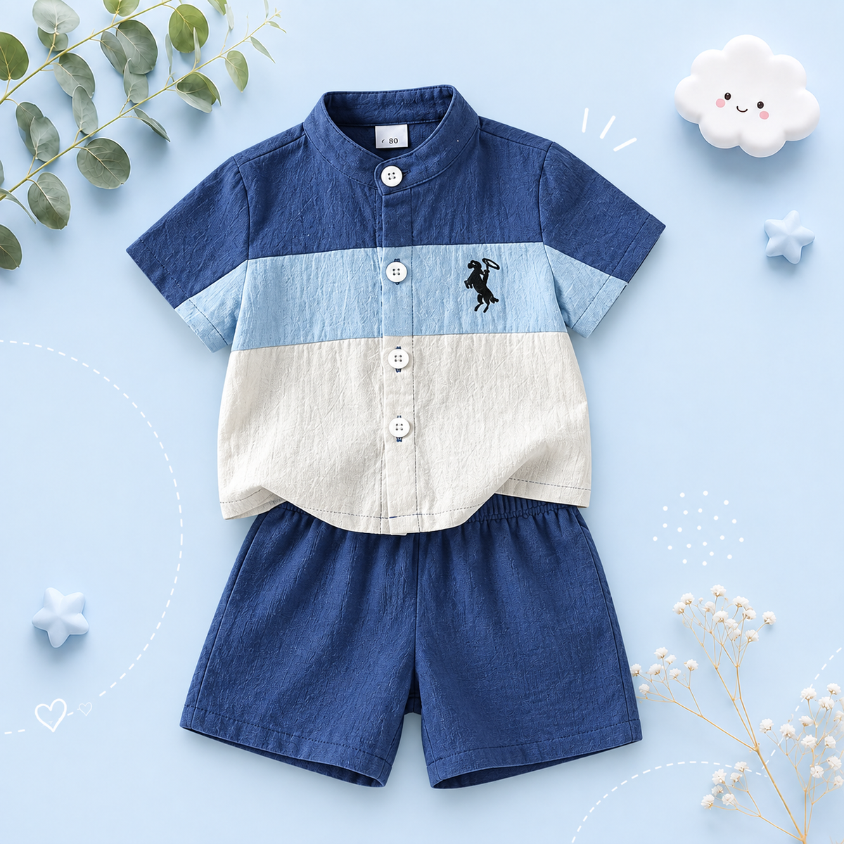 The Jonas - Baby Boy 2‑Piece Summer Set – Cotton Breathable Patchwork Short Sleeve Shirt & Shorts
