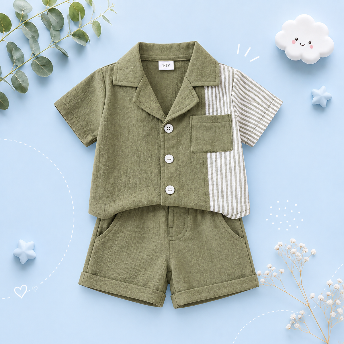 The Krew - Baby Boy Patchwork Striped Summer Outfit – Short‑Sleeved Shirt & Shorts Set | Lightweight, Breathable, Casual Fashion