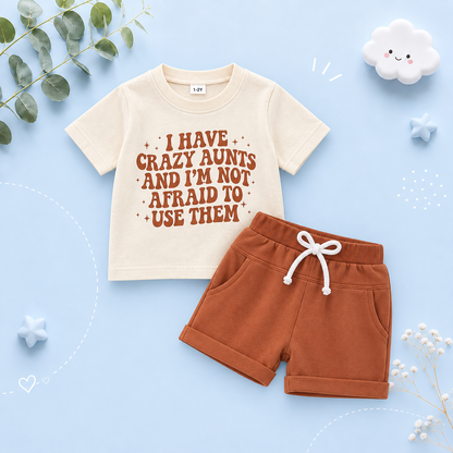 The Andy - Baby Boy White "I Have Crazy Aunts" Letter T-Shirt Casual + Shorts Set