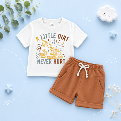The Andy - Baby Boy White "A Little Dirt Never Hurt" Letter T-Shirt Casual + Shorts Set