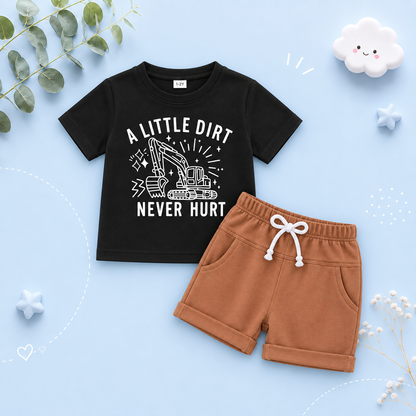 The Andy - Baby Boy White "A Little Dirt Never Hurt" Letter T-Shirt Casual + Shorts Set