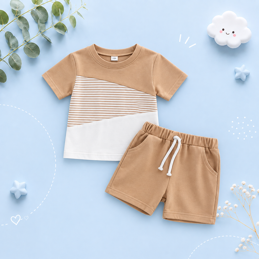 The Yusuf - Baby Boy Short Sleeve Patchwork Crew Tees White Straps Short Pants