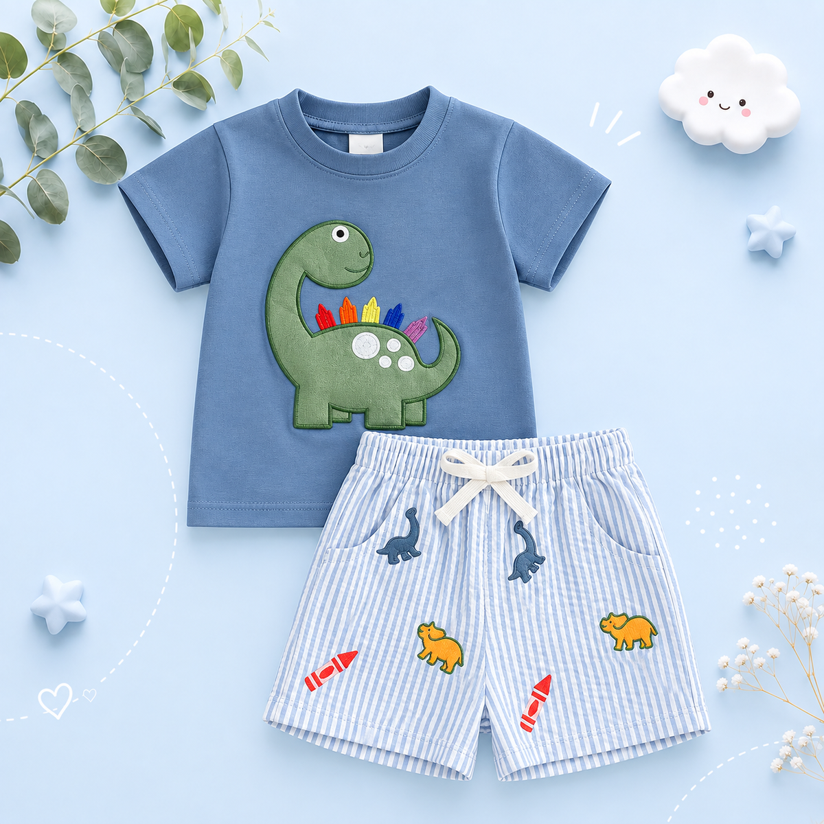 The Erik - Baby Boy Short Sleeve O Neck Dinosaur Embroidery Tops and Striped Shorts Set