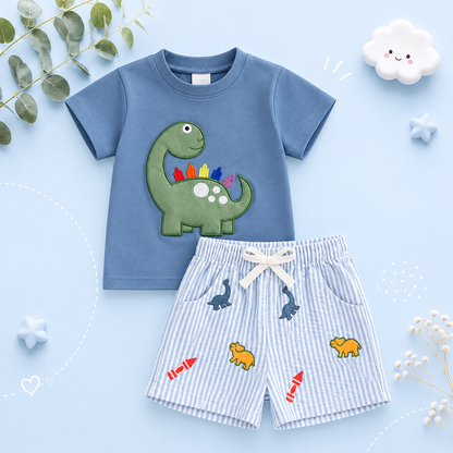The Erik - Baby Boy Short Sleeve O Neck Dinosaur Embroidery Tops and Striped Shorts Set