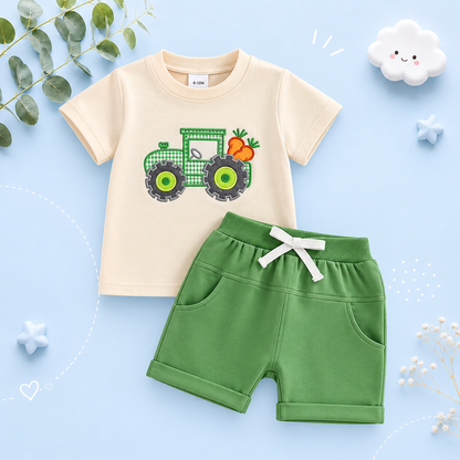 The Callen - Baby Boy Summer Easter Sets Short Sleeve O Neck Tractor Embroidery Tops and Solid Color Shorts Set