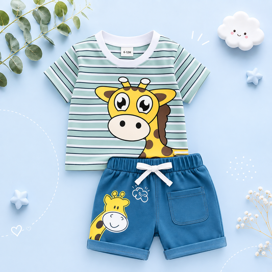 The Conrad - Baby Boy Cute Giraffe Print Green Tops + Shorts Set