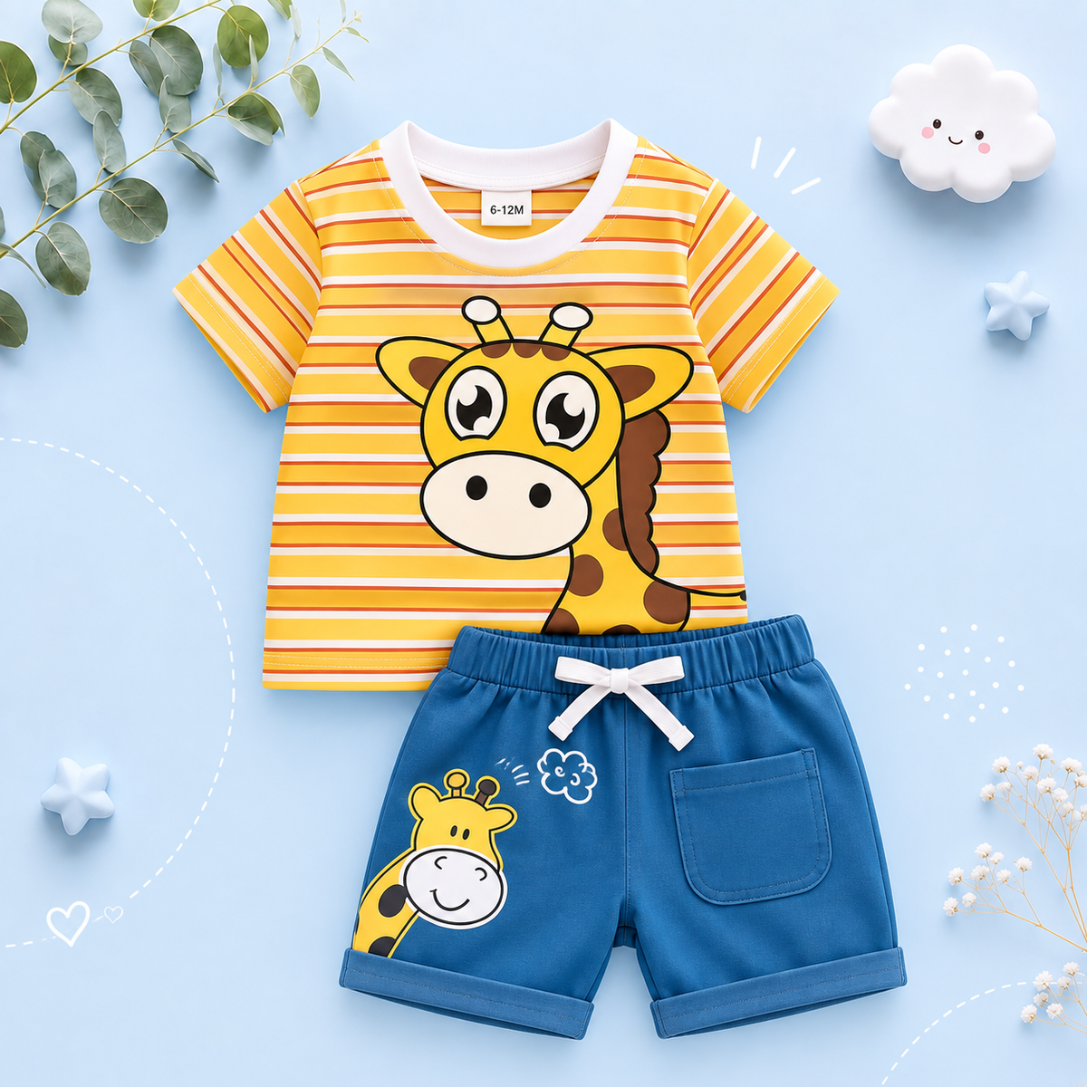 The Conrad - Baby Boy Cute Giraffe Print Yellow Tops + Shorts Set