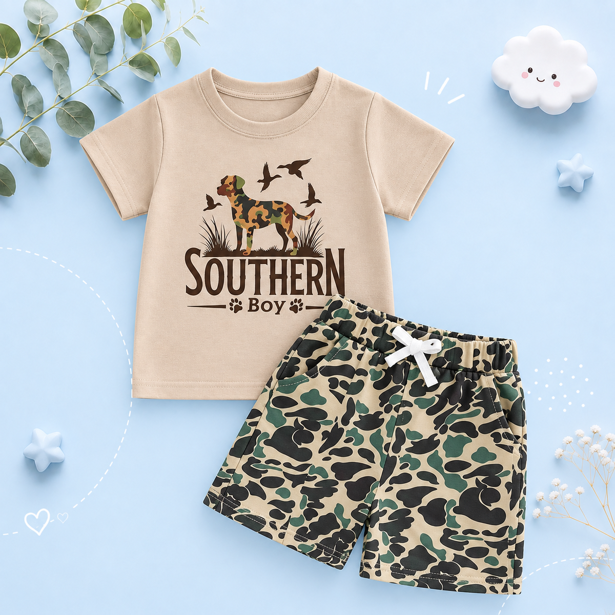 The Zaire - Baby Boy Southern Boy Dog Print Outfit Short Sleeve T-shirts Elastic + Waist Shorts