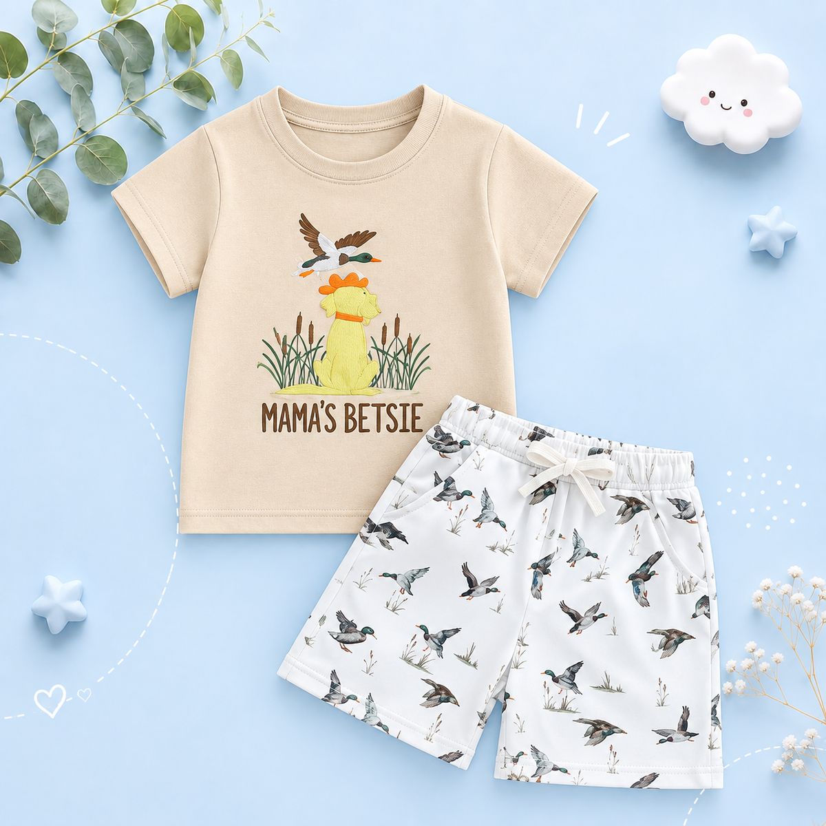 The Zaire - Baby Boy Goose & Dog Print Outfit Short Sleeve T-shirts Elastic + Waist Shorts