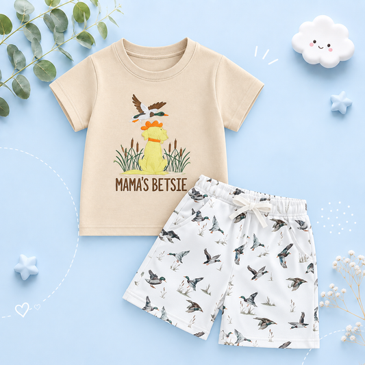 The Zaire - Baby Boy Goose & Dog Print Outfit Short Sleeve T-shirts Elastic + Waist Shorts