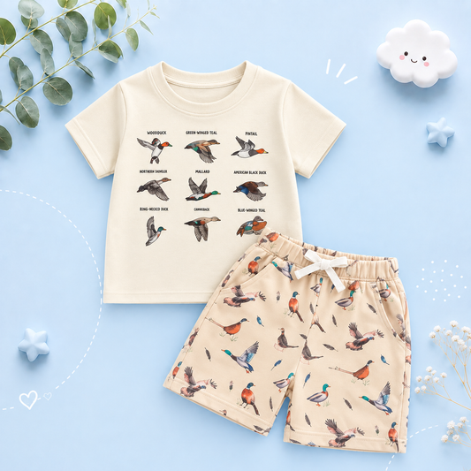 The Zaire - Baby Boy Goose Print Outfit Short Sleeve T-shirts Elastic + Waist Shorts