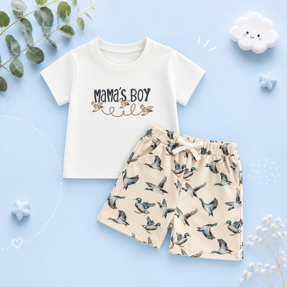 The Zaire - Baby Boy Mama's Boy Goose Print Outfit Short Sleeve T-shirts Elastic + Waist Shorts