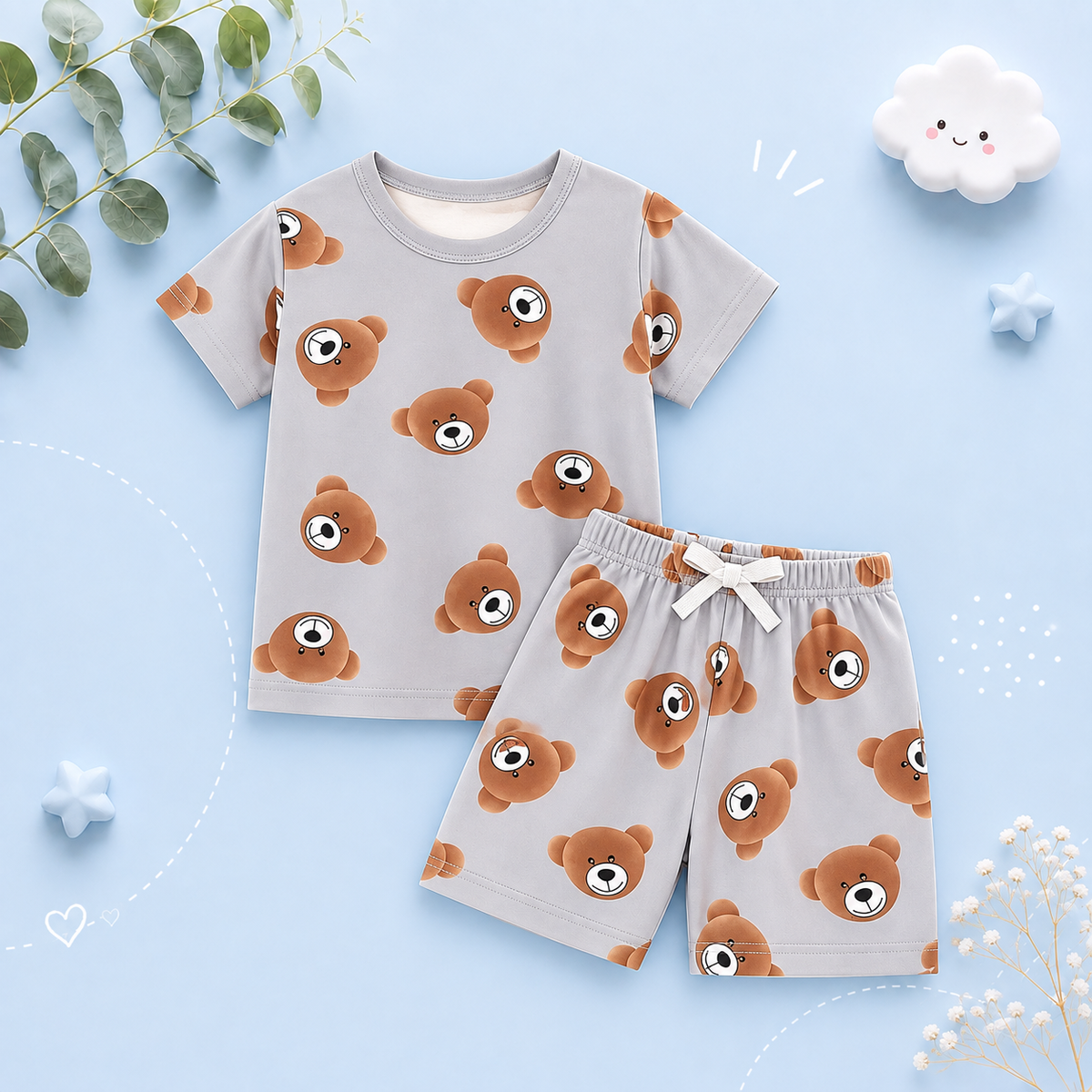The Frank - Baby Boy Bear Print Grey Round Neck Shirt + Shorts