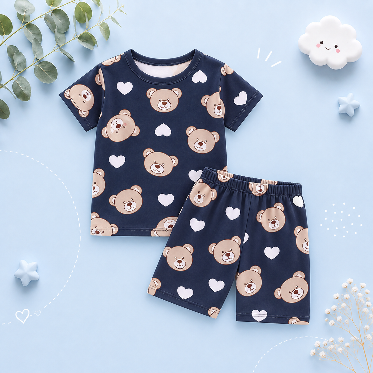 The Frank - Baby Boy Bear Print Navy Blue Round Neck Shirt + Shorts