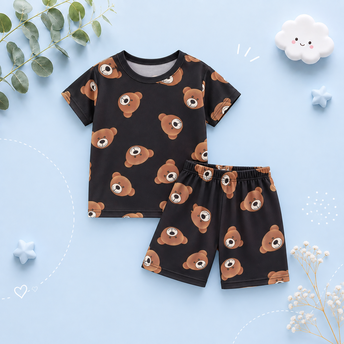 The Frank - Baby Boy Bear Print Black Round Neck Shirt + Shorts