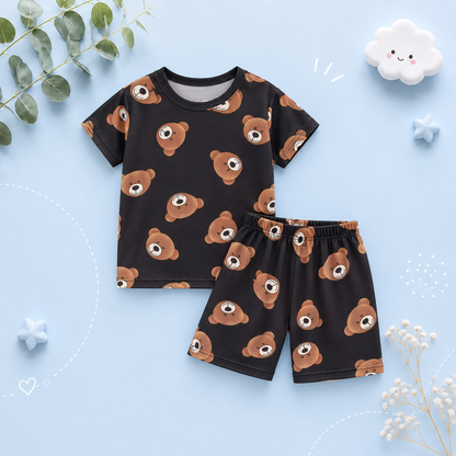 The Frank - Baby Boy Bear Print Black Round Neck Shirt + Shorts