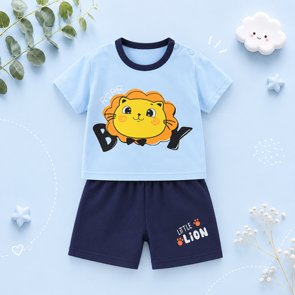 The Kyson - Baby Boy Cartoon Cute Lion Print Short-Sleeved Shorts Two-Piece Set