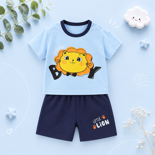 The Kyson - Baby Boy Cartoon Cute Lion Print Short-Sleeved Shorts Two-Piece Set