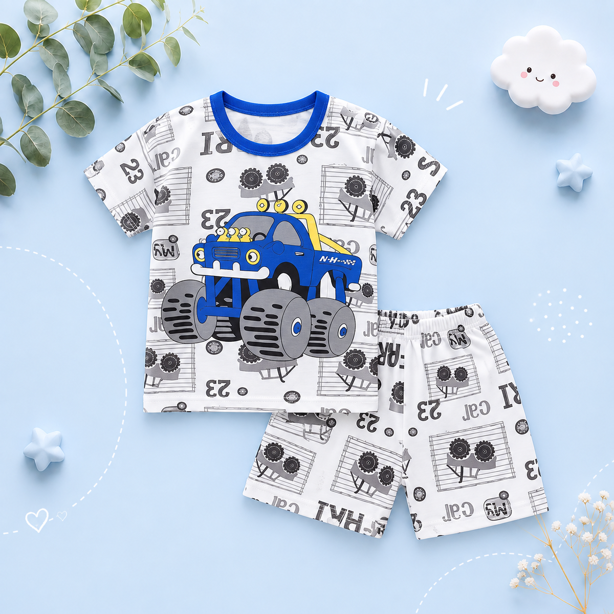 The Kyson - Baby Boy Cartoon Blue Truck Print Short-Sleeved Shorts Two-Piece Set