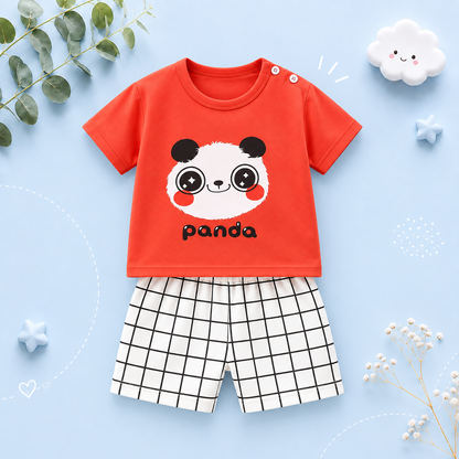 The Kyson - Baby Boy Cartoon Cute Panda Print Short-Sleeved Shorts Two-Piece Set