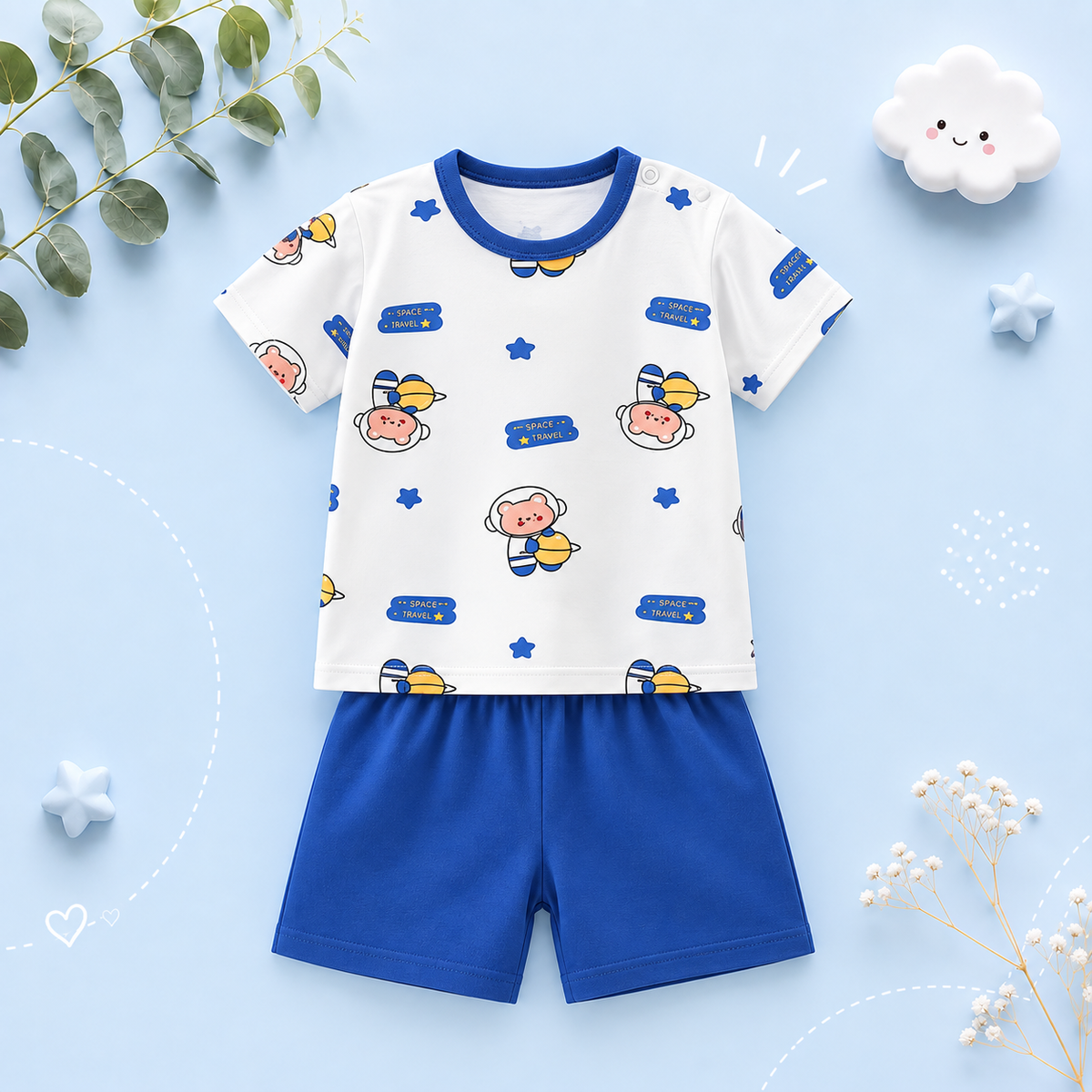 The Kyson - Baby Boy Cartoon Cute Astronaut Print Short-Sleeved Shorts Two-Piece Set