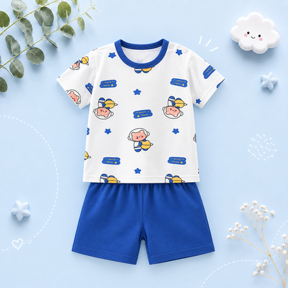 The Kyson - Baby Boy Cartoon Cute Astronaut Print Short-Sleeved Shorts Two-Piece Set