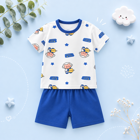 The Kyson - Baby Boy Cartoon Cute Astronaut Print Short-Sleeved Shorts Two-Piece Set