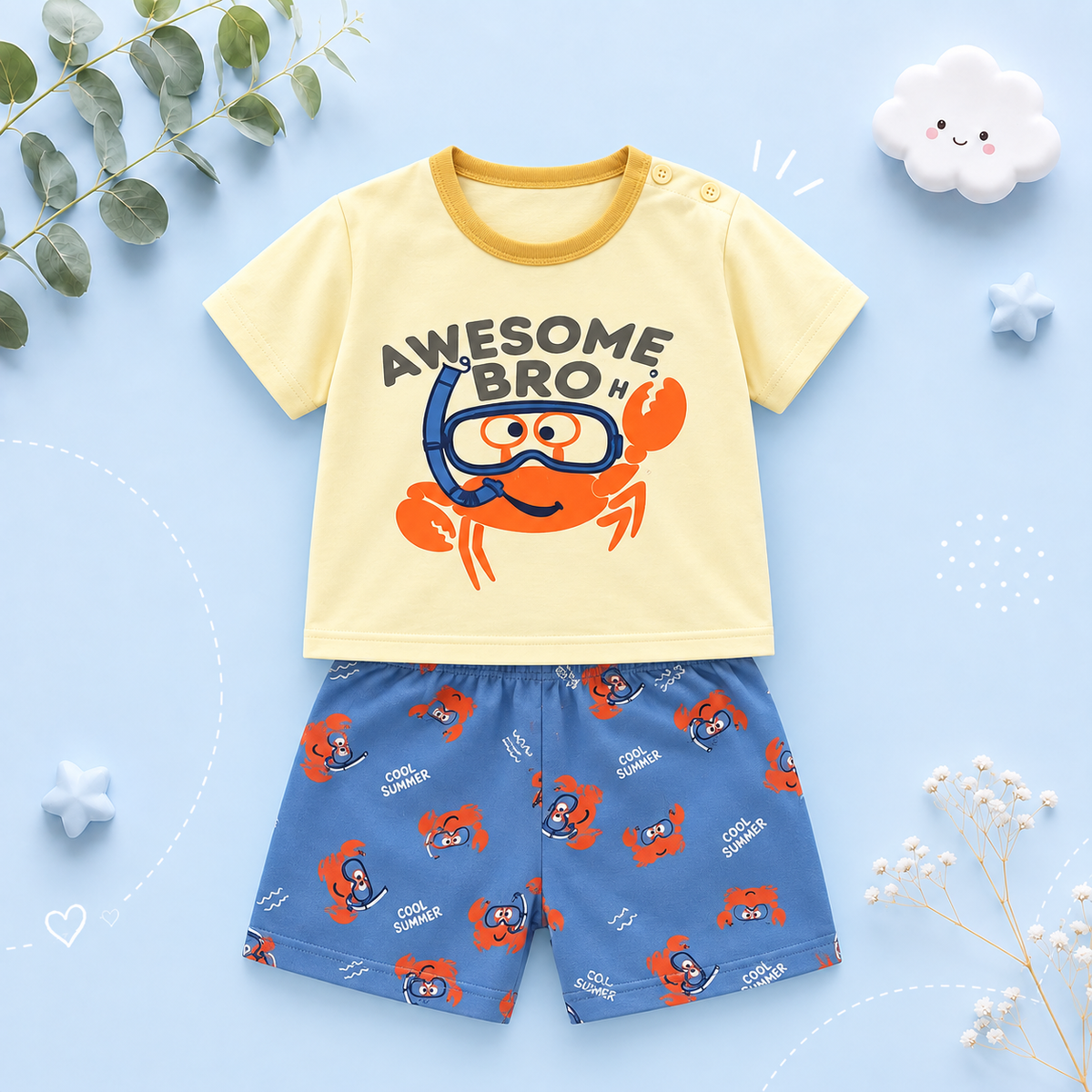 The Kyson - Baby Boy Cartoon Awesome Bro Crab Print Short-Sleeved Shorts Two-Piece Set