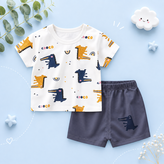The Royce - Baby Boy Blue & Orange Dino Print Casual Short Sleeve Tracksuits Thin Loose Tops Set (Copy)