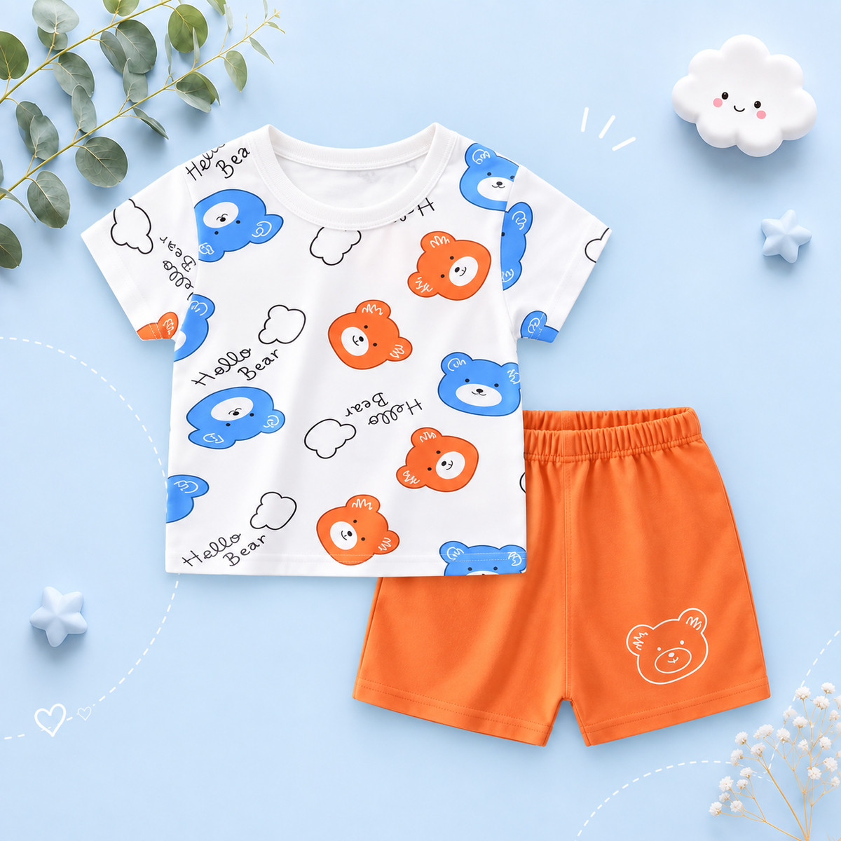 The Royce - Baby Boy Blue & Orange Bear Print Casual Short Sleeve Tracksuits Thin Loose Tops Set