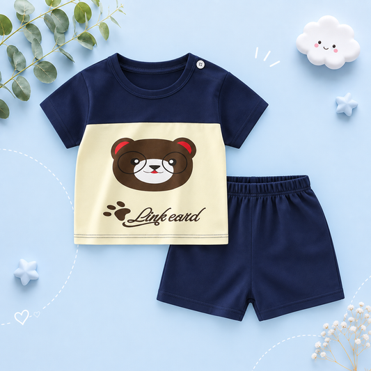 The Royce - Baby Boy Brown Bear Print Casual Short Sleeve Tracksuits Thin Loose Tops Set