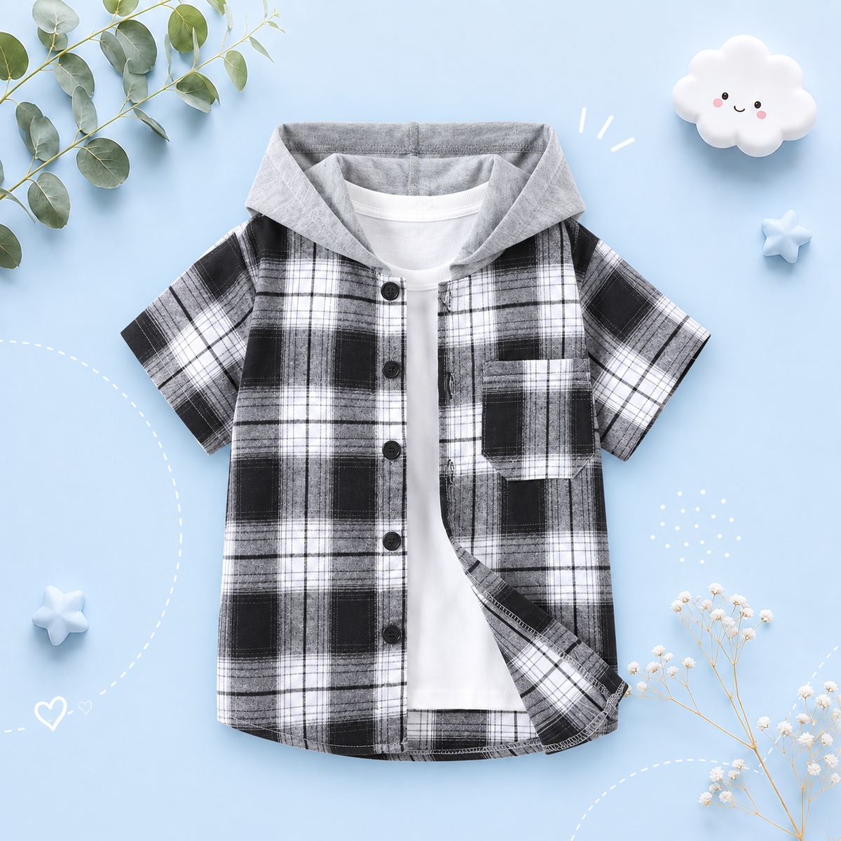 The Johnny - Baby Boy Red Plaid Hooded Short-Sleeved Jacket Shirt