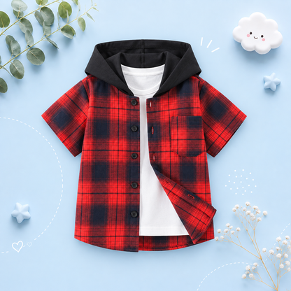 The Johnny - Baby Boy Red Plaid Hooded Short-Sleeved Jacket Shirt