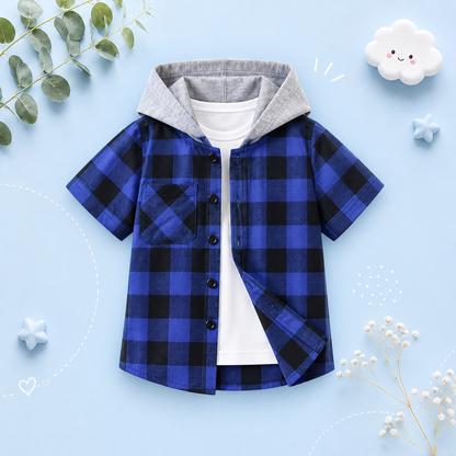 The Johnny - Baby Boy Blue Plaid Hooded Short-Sleeved Jacket Shirt