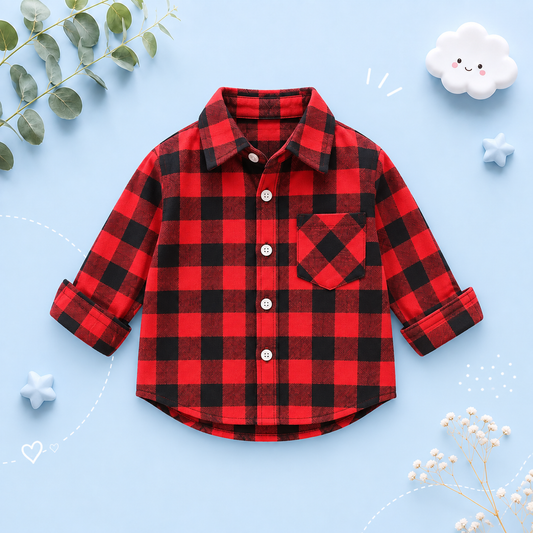 The Edgar - Baby Boy Red Black Plaid Turn-Down Collar Long Sleeve Shirt