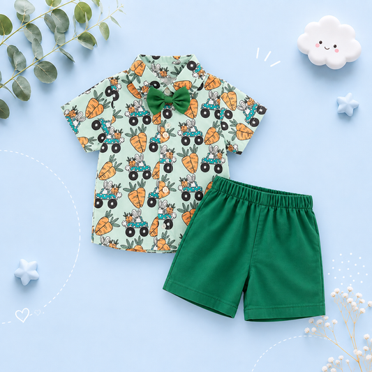 The Nasir - Baby Boy Cute Rabbit And Carrot Pattern Shirt Set With A Bow Decoration On The Collar