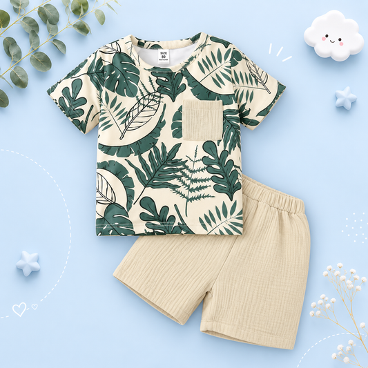 The Martin - Baby Boy Short Sleeves Leaf Print Pocket Style T-shirt + Shorts Summer Casual Outfit