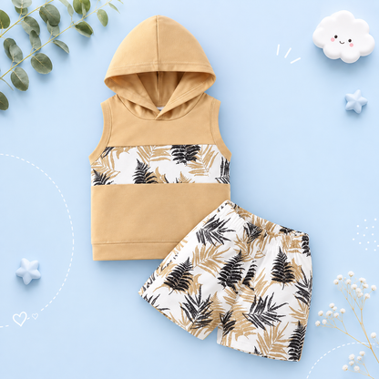 The Shepherd - Baby Boy Hooded Maple Leaf Print Sleeveless Top + Shorts