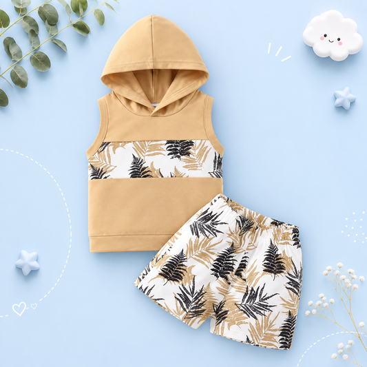 The Shepherd - Baby Boy Hooded Maple Leaf Print Sleeveless Top + Shorts