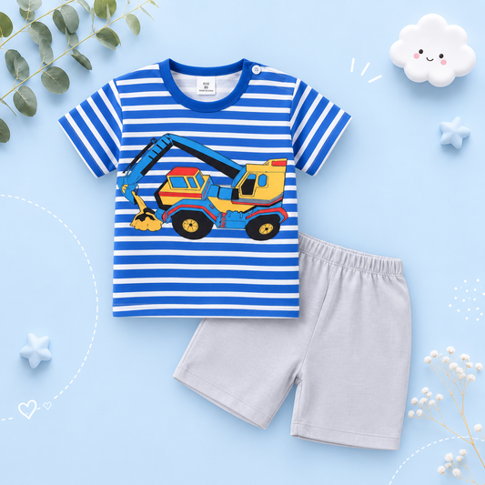The Rowen - Baby Boy Cartoon Excavator Striped T-Shirt + Shorts