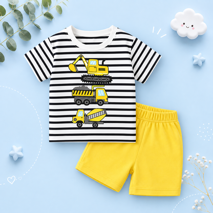 The Isaias - Baby Boy Yellow Tractor Cartoon Tracksuits Short Sleeve Tshirt + Shorts