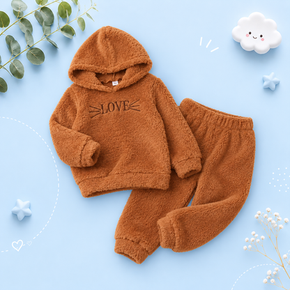 The June - Baby Unisex Love Print Embroidered Brown Cute Fur Hoodie + Pants