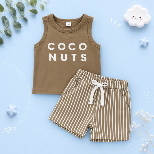 The Louis - Baby Boy Coconut Set Letter Print Vest Sleeveless Tops + Striped Shorts