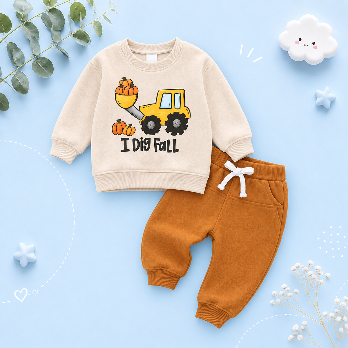 The Hendrix - Baby Boy "I Dig Fall" Print Halloween Outfit Trucker Pumpkin Print Long Sleeve Sweatshirt and Elastic Pants